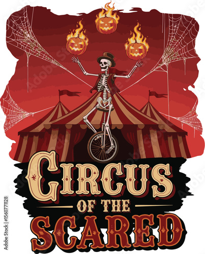Skeleton juggler performing at a spooky circus under a red sky with flaming pumpkins and cobwebs unicycle