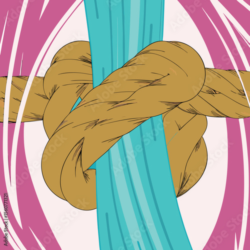 Graphic illustration of a rope knot with blue object passing through the middle
