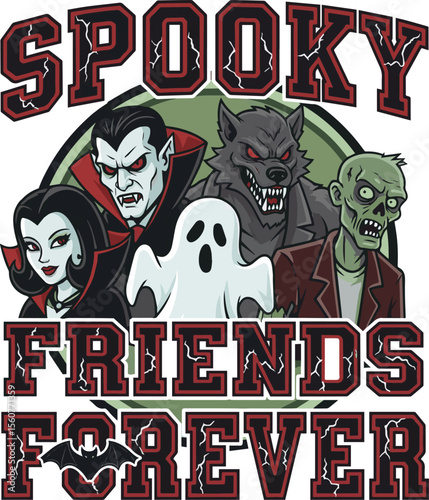 Spooky friends forever group portrait with vampire werewolf ghost and zombie vector