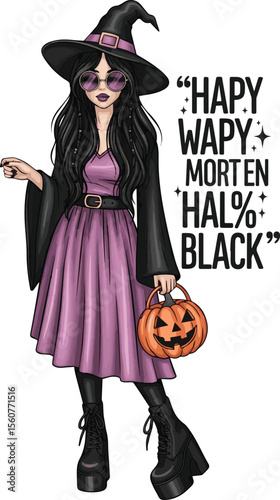 Stylish witch holding jack o lantern wearing sunglasses and platform boots halloween pumpkin