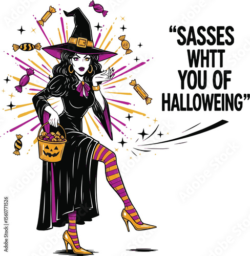 Stylish witch with candy basket and striped stockings halloween