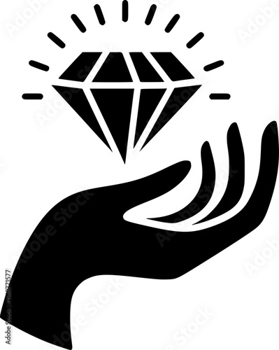 Minimal silhouette of a hand holding a diamond, symbol of value and luxury.