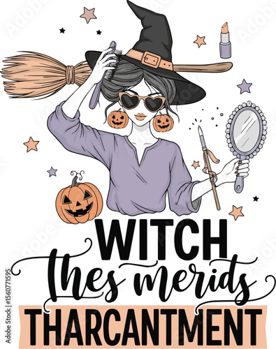 Stylish witch with pumpkin earrings and broom halloween