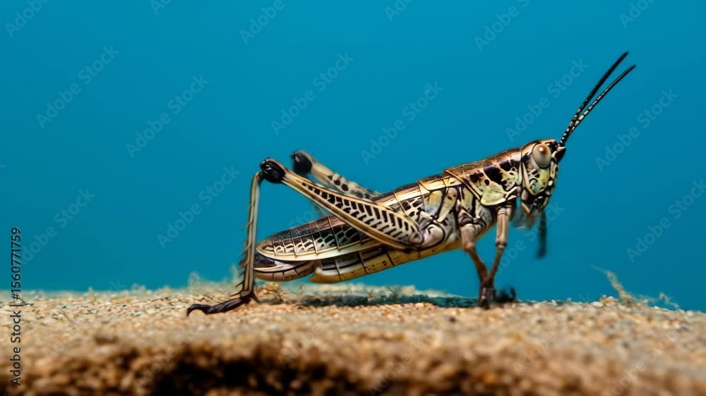Grasshopper on Sandy Surface, Turquoise Background - A detailed close-up of a grasshopper perched on a sandy surface.