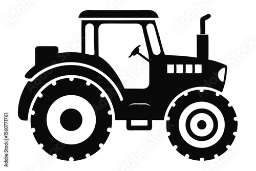 Black and white tractor silhouette with large wheels and a closed cab design