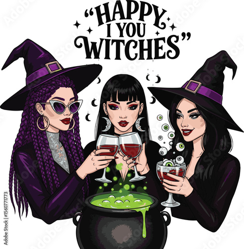 Three witches celebrating with drinks around a bubbling cauldron halloween celebration