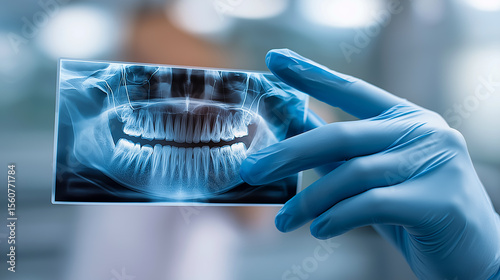 Close-up of gloved hand holding dental X-ray showing teeth and jaw structure