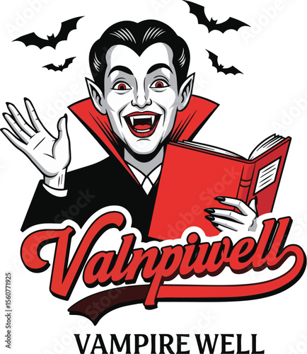 Vampire character reading a book with bats flying around vector