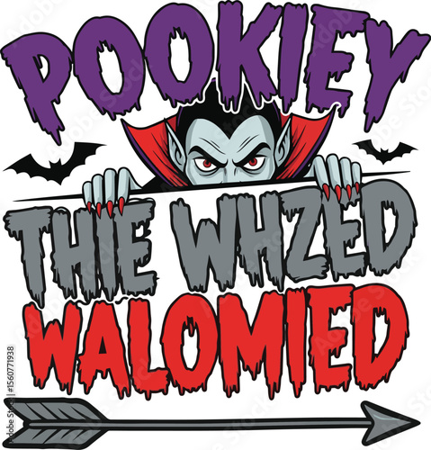 Vampire character with dripping text and arrow Dracula monster