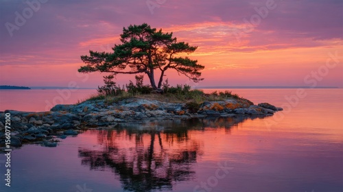 A tranquil island showcases a single tree silhouetted against a vibrant sunset, reflecting beautifully on still waters. The colors of dusk create a peaceful atmosphere.