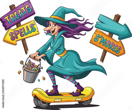 Whimsical witch rides a hoverboard with candy and directional signs Halloween treats