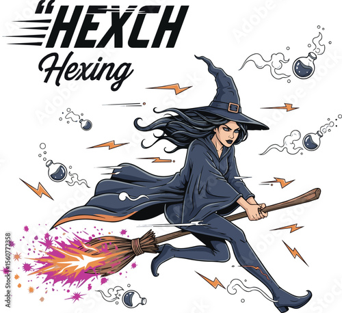 Witch flying on broomstick with potions and lightning bolts vector