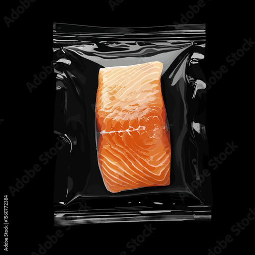 Packaged fresh salmon fillet on black background  