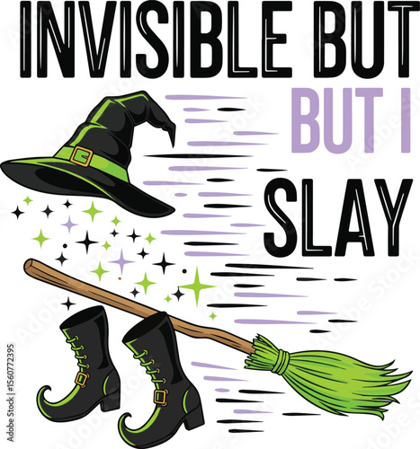Witch hat boots and broomstick with flying stars and text witch boots Halloween