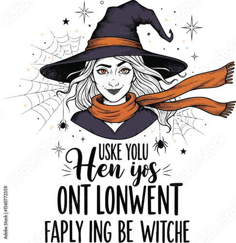 Witch with orange scarf and hat surrounded by cobwebs and stars halloween costume