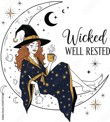 Woman in starry robe with witch hat holding coffee cup on crescent moon stars
