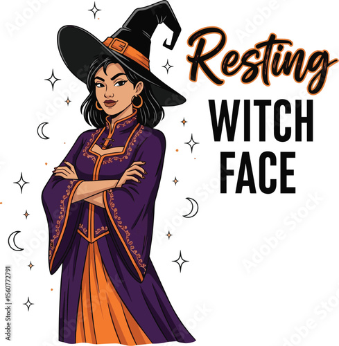 Woman wearing witch hat and purple dress with orange accents standing with arms crossed halloween