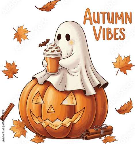 Adorable ghost enjoying autumn drink on carved pumpkin surrounded by fall leaves and cinnamon sticks