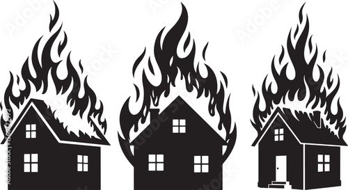 House on Fire Emergency Disaster Silhouette Vector Set vector illustration