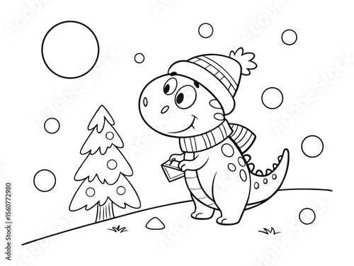 A4 Christmas winter colouring sheet, cute cartoon dinosaur. Cartoon winter style Dinosaur