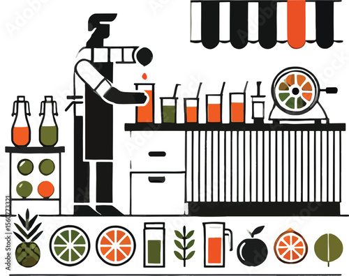 Illustration of a fruit juice bar and a bartender preparing freshly squeezed drinks