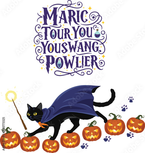 Black cat with magic wand and pumpkins cape jack-o-lanterns