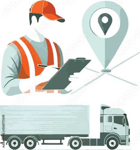 Delivery driver inspecting documents near a truck with location pin pointing the destination