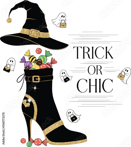 Black witch hat and boot filled with colorful candies with cute ghosts halloween high heel boot