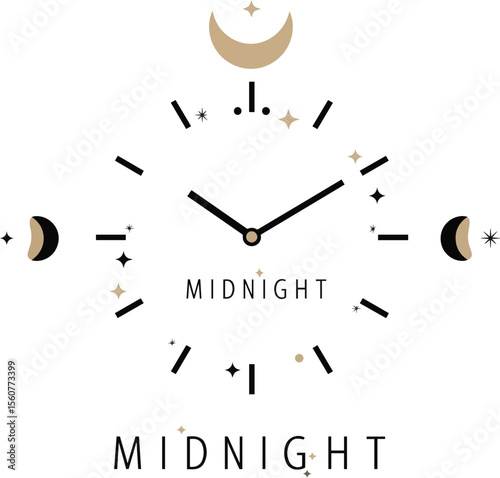 Celestial clock with crescent moons and stars moon phases midnight