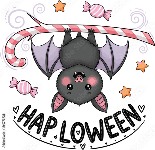 Cute bat hanging upside down on candy cane surrounded by sweets and stars pink