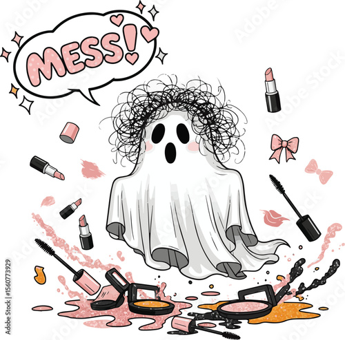 Cute ghost surrounded by makeup and messy cosmetics lipstick mascara