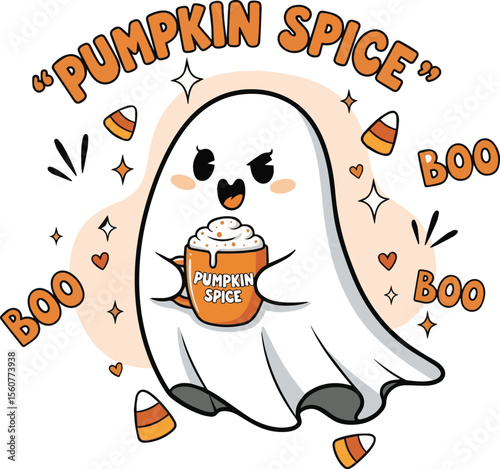 Cute ghost holding pumpkin spice drink with candy corn and boo text halloween