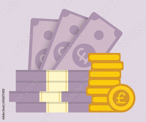  Flat vector illustration of British pound currency notes and gold coin stack on solid background