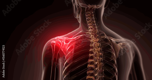 Human skeletal anatomy with highlighted shoulder area in pain  