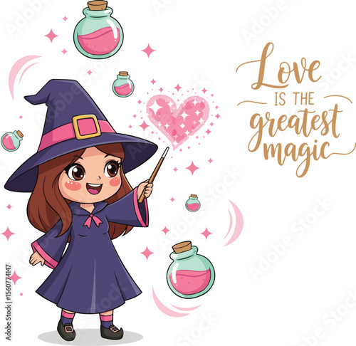 Cute witch casting love magic with potions and sparkles heart
