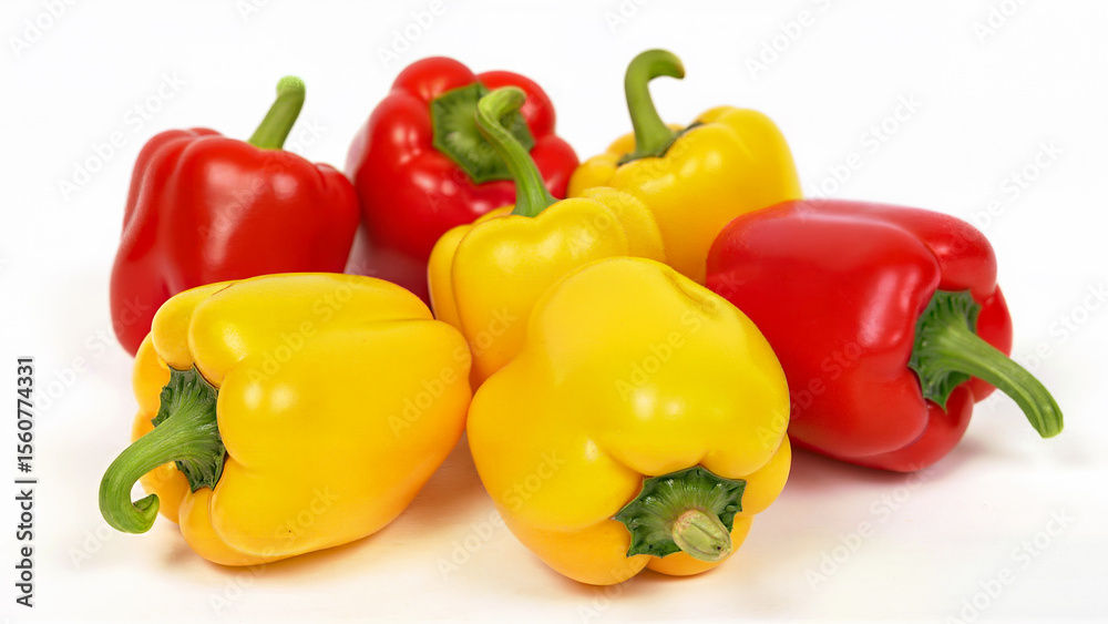 Yellow and red bell peppers isolated on a white background. Suitable for food, nutrition, and healthy eating concepts. Yellow and red bell peppers isolated on a white background. Suitable for food, nutrition, and healthy eating concepts.