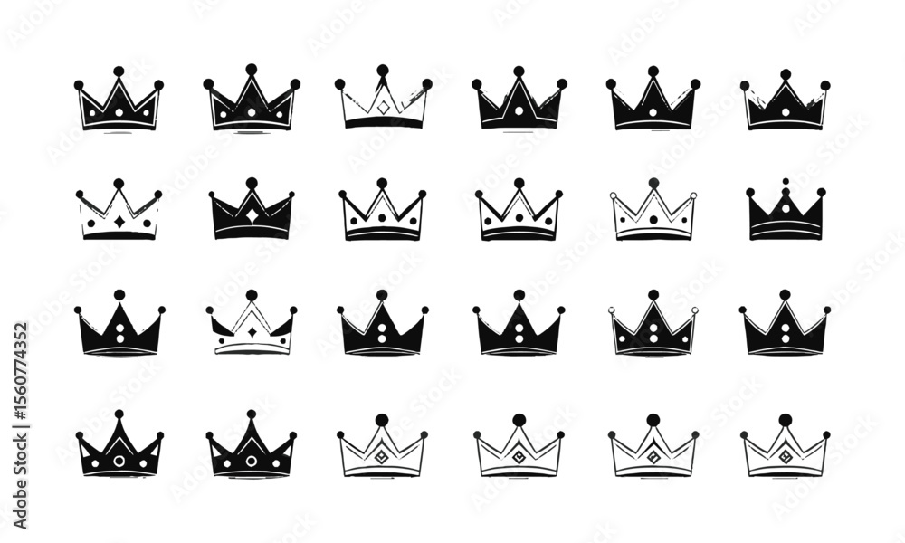 Fototapeta premium A clean and simple vector illustration design of various silhouette crown symbols, symmetrical shapes, dots, and peaks, easily editable and scalable.