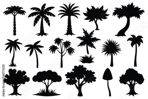 Collection of black silhouette tropical trees and plants