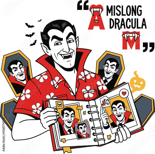 Dracula in Hawaiian shirt with photo album and coffins vampire red shirt
