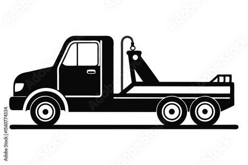 Black Silhouette Tow Truck with Hook and Three Wheels on White Background