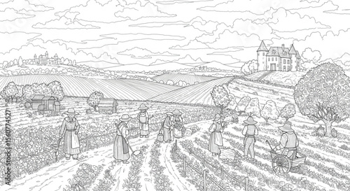 Serene Countryside Landscape Vintage Illustration of Farmers Working in Fields