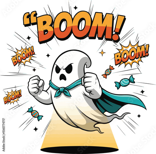 Fierce ghost superhero with candy and boom sound effects comic style