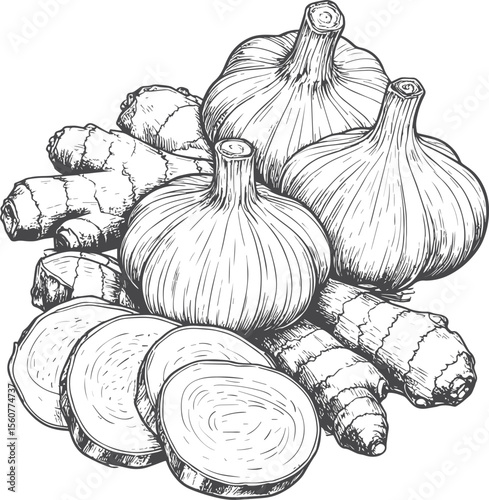Aromatic Roots: Hand-Drawn Ginger and Garlic Medley