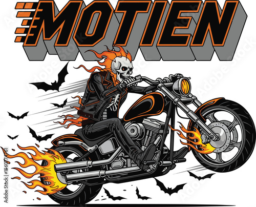 Fiery skeleton biker with bats and custom motorcycle flames fire