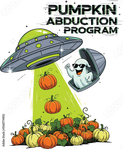 Flying saucer abducting pumpkins with a ghost alien abduction