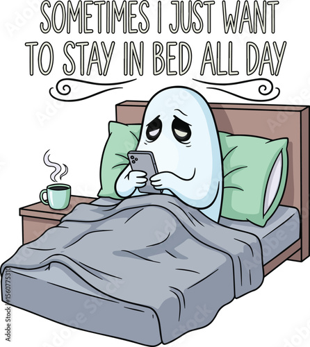 Ghost character in bed using phone with coffee cup on nightstand vector