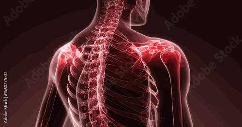 Human spine and shoulder anatomy with highlighted muscle areas  