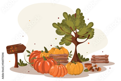 Postcard for design. Warm illustration, pumpkins, autumn, colorful leaves. Autumn seasonal postcard with a pointer and trees.