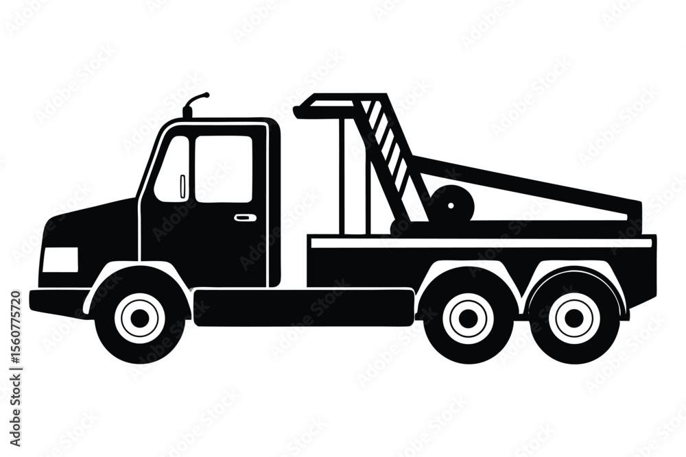 Naklejka premium Tow Truck Side View Black Silhouette with Six Wheels and Boom Lift Detail