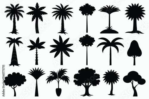 Collection of black silhouette tropical trees and plants